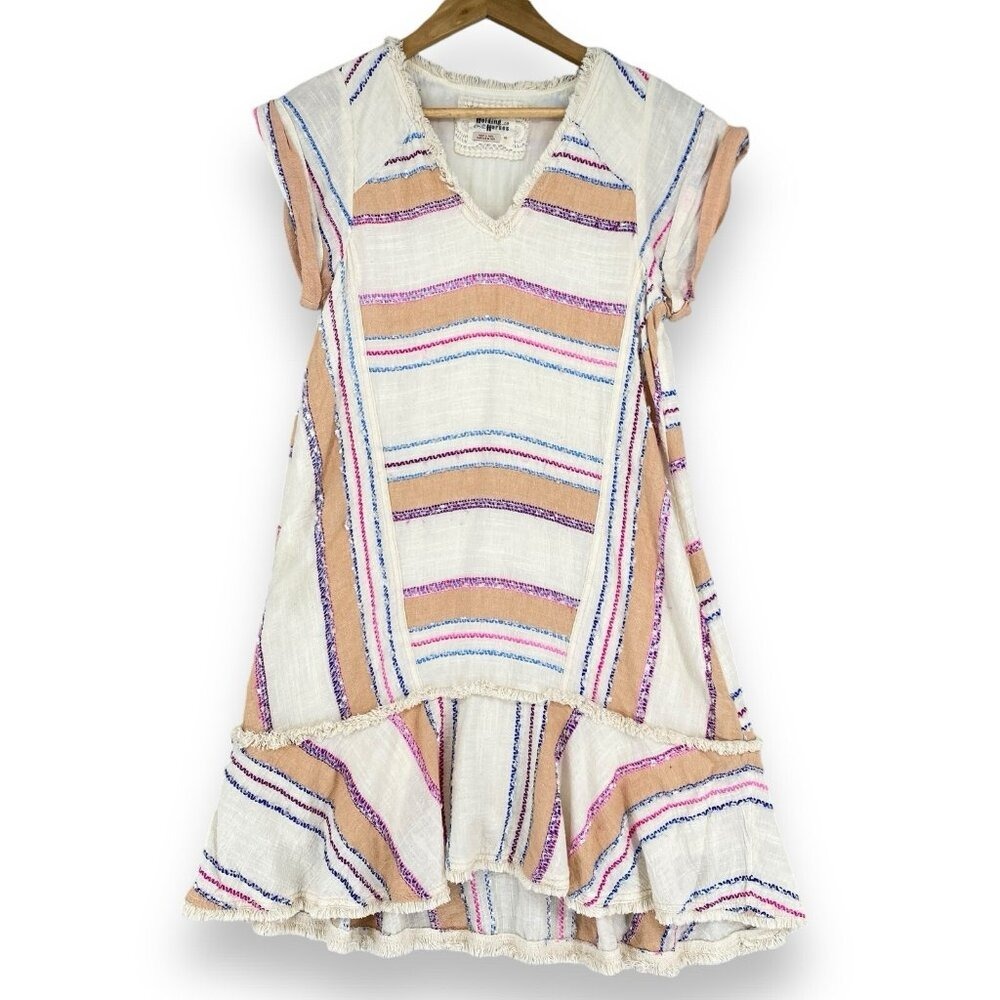 Holding Horses Dress Womens XS Cream Striped Boho Fringed Shift Anthropologie